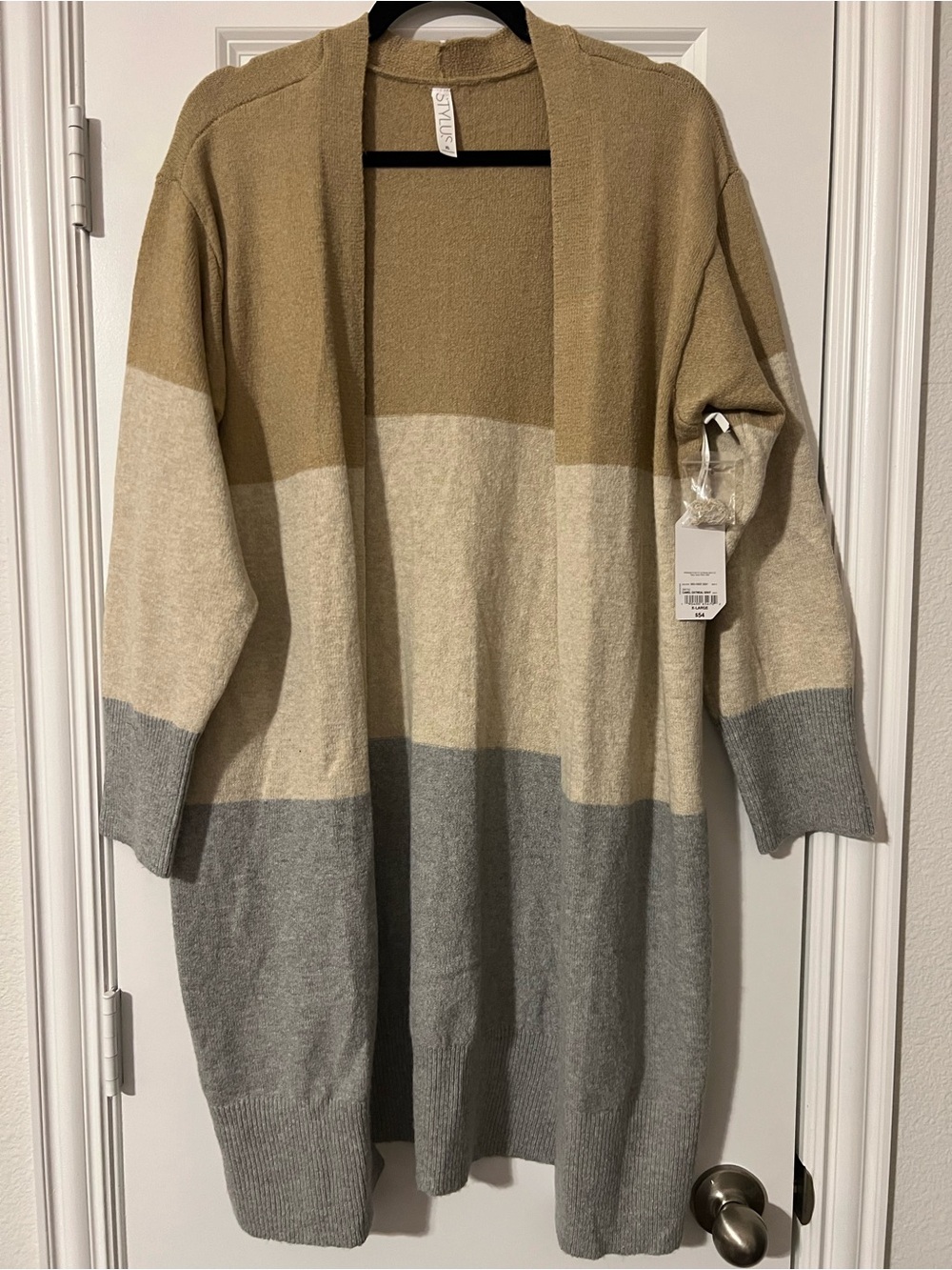 Open-Front Long Cardigan Sweater - Tan/Cream/Gray